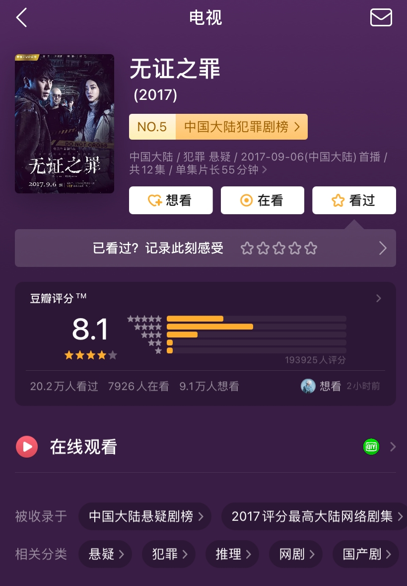 《无证之罪》豆瓣评分高达8.